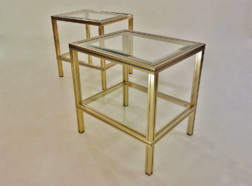 Pair Pierre Vandel gold vintage side tables, 1980`s ca, French